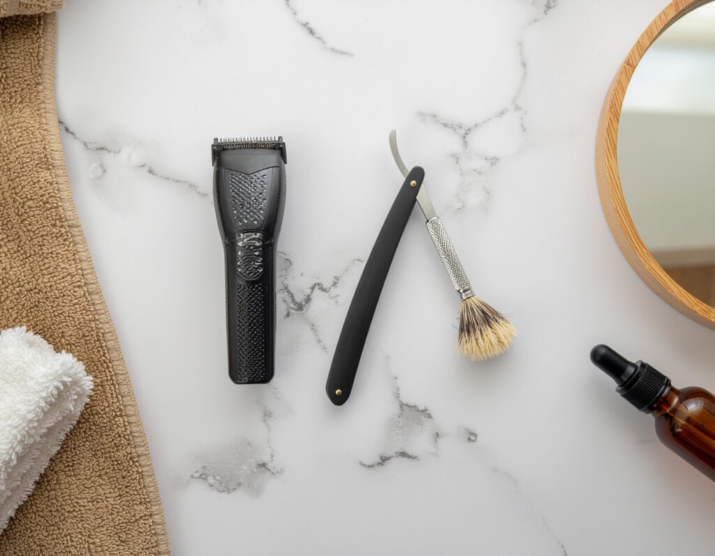 Electric shaver and manual razor displayed side by side on a bathroom counter, surrounded by grooming essentials like shaving cream, brush, and aftershave