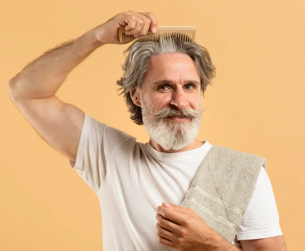 front view elder man with beard combing his hair