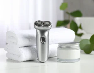 Silver foil shaver placed on a white bathroom counter next to a folded towel and shaving balm, in a bright and modern setting.