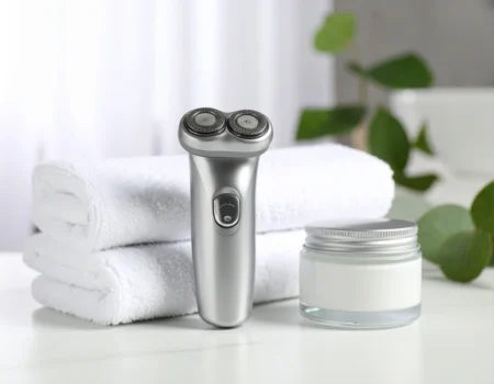 Silver foil shaver placed on a white bathroom counter next to a folded towel and shaving balm, in a bright and modern setting.