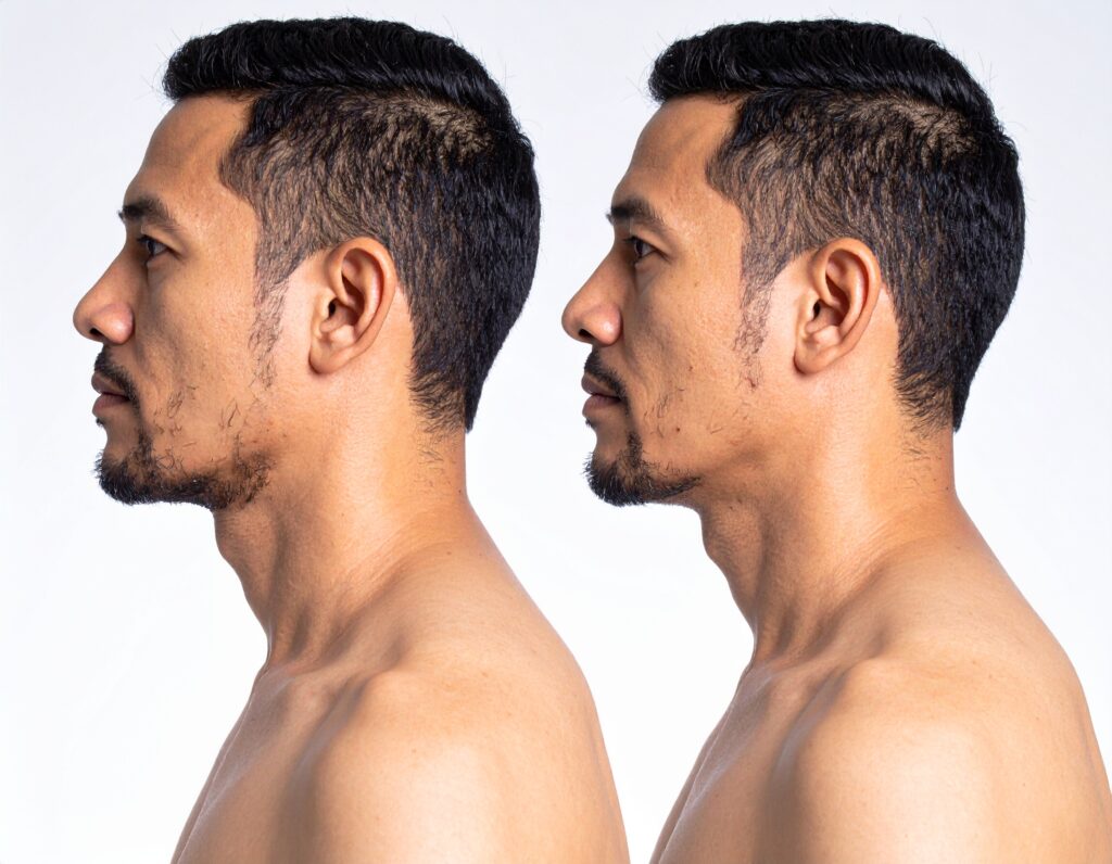 before and after split image: left side shows patchy neck beard, right side shows clean—shaven, defined neckline. Same person, side angle view