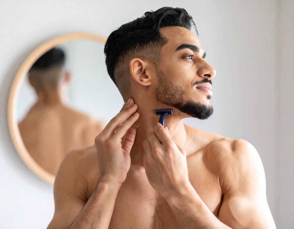 Man tilting his head back, stretching the neck skin, while holding a razor under the chin. Bathroom mirror and good lighting in the background