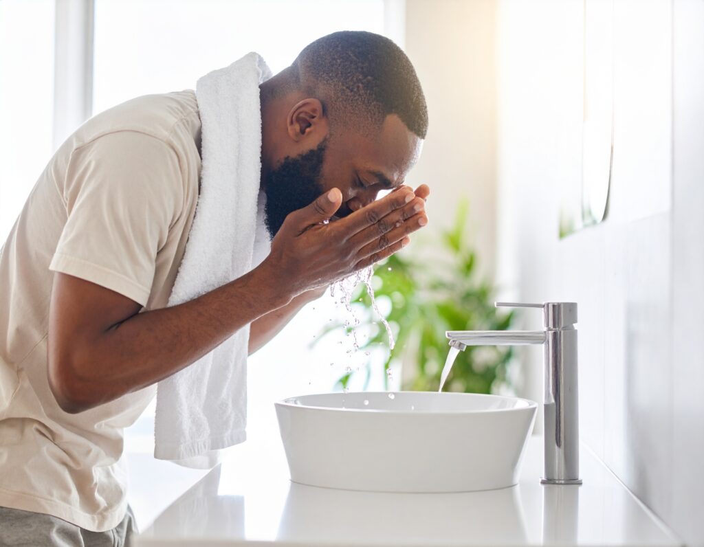 Man washing his face at a modern bathroom sink with a towel nearby and morning light shining through frosted glass