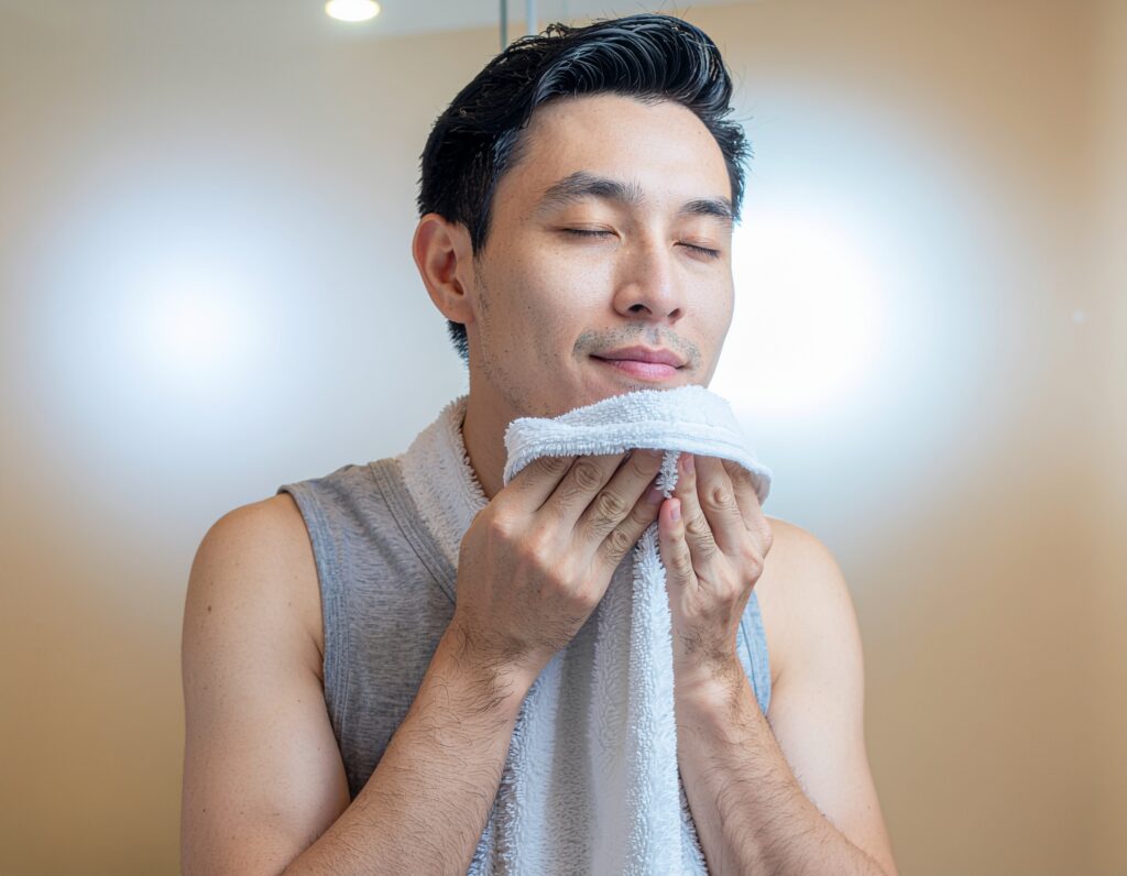a man holding a steaming white towel to his face, eyes closed in relaxation, bathroom