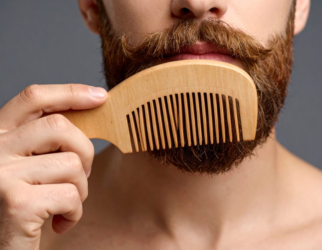 a man's hand holding a wooden beard brush while combing his moustache downward, showing the natural fall of facial hair before trimming