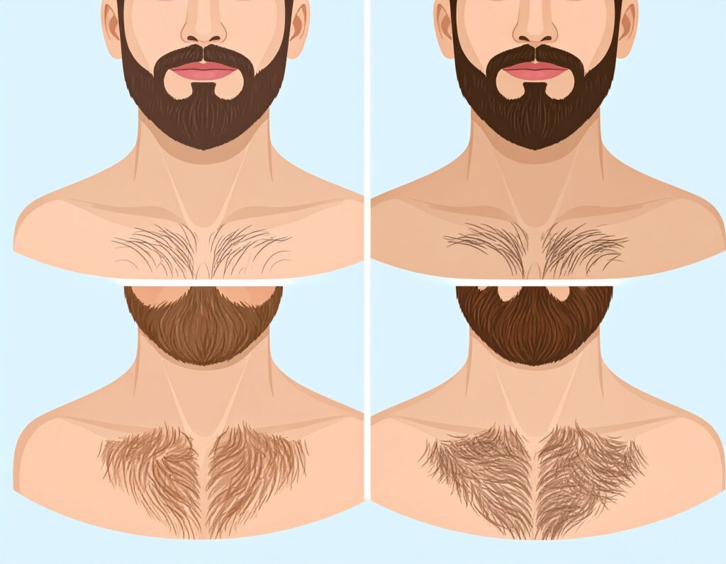 Clear visual comparison of various chest hair lengths and grooming styles, from completely smooth to naturally trimmed