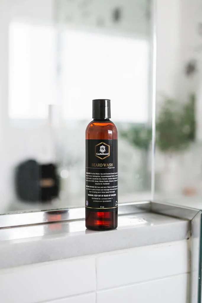 beard wash on a clean bathroom counter