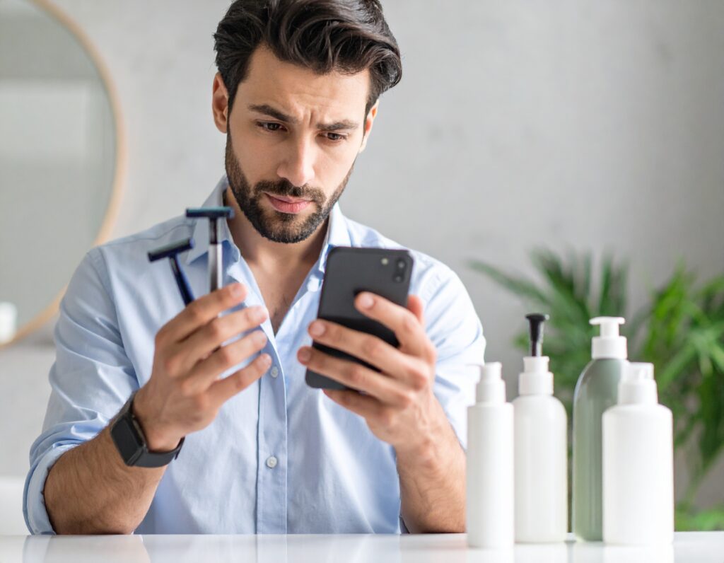 a confused man standing in his bathroom, holding different razors while looking at conflicting advice on his phone screen, with various grooming products visible on the counter