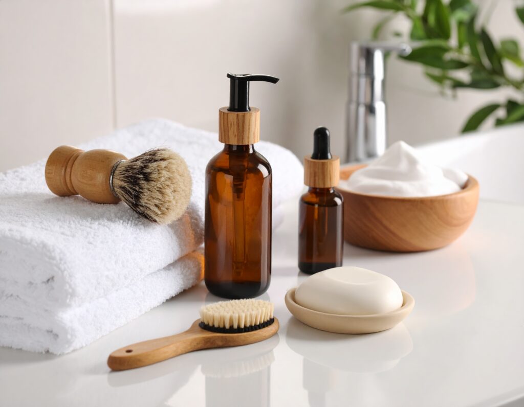 an overhead shot of pre—shave essentials arranged on a clean bathroom counter: pre—shave oil bottle, warm damp towel, quality face wash, and traditional shaving brush