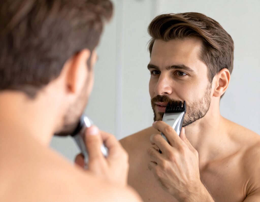 close—up shot of a man using an electric trimmer with guard attachment on his moustache, demonstrating proper angle and technique in front of a bathroom mirror