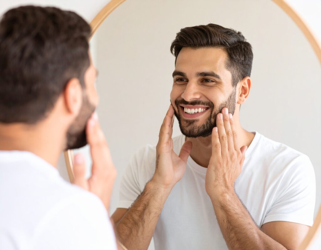 a satisfied man with smooth, healthy skin touching his freshly shaved face while looking in a bright, modern bathroom mirror