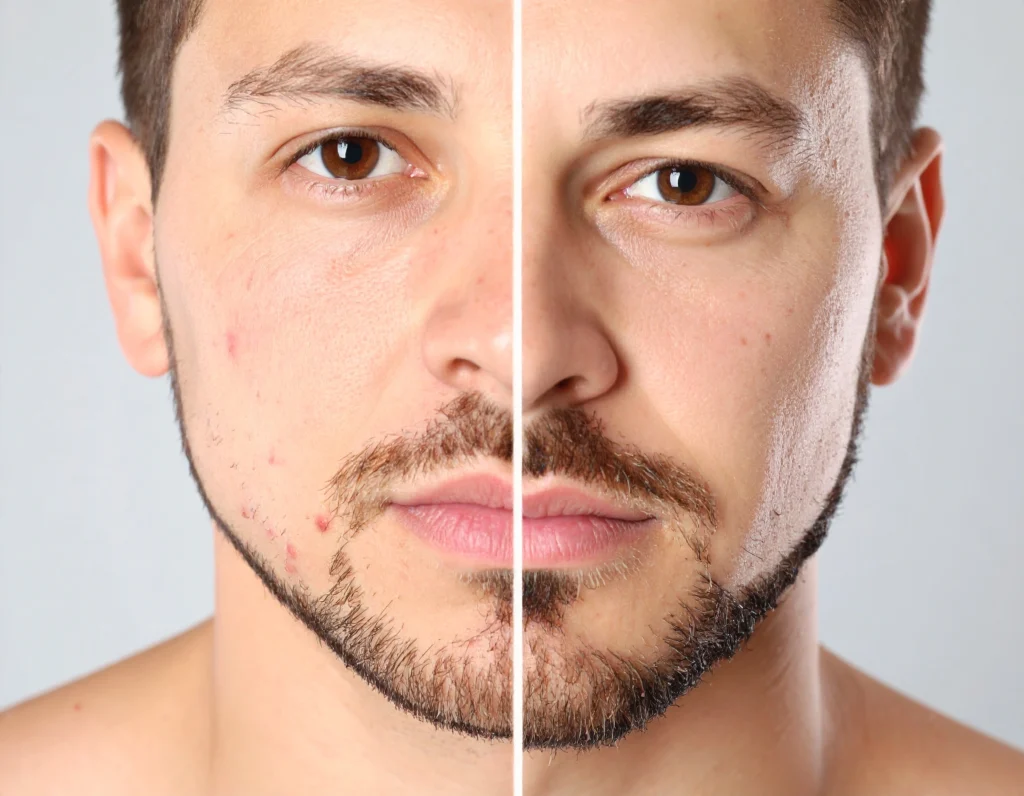 Split image showing healthy post-shave skin versus irritated skin with razor bumps
