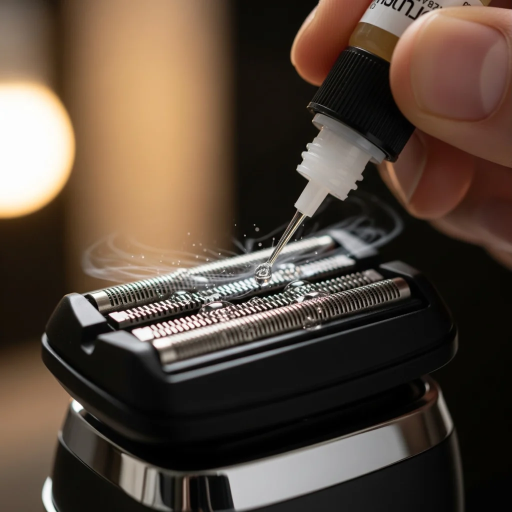 Lubricating electric shaver with oil drops during use