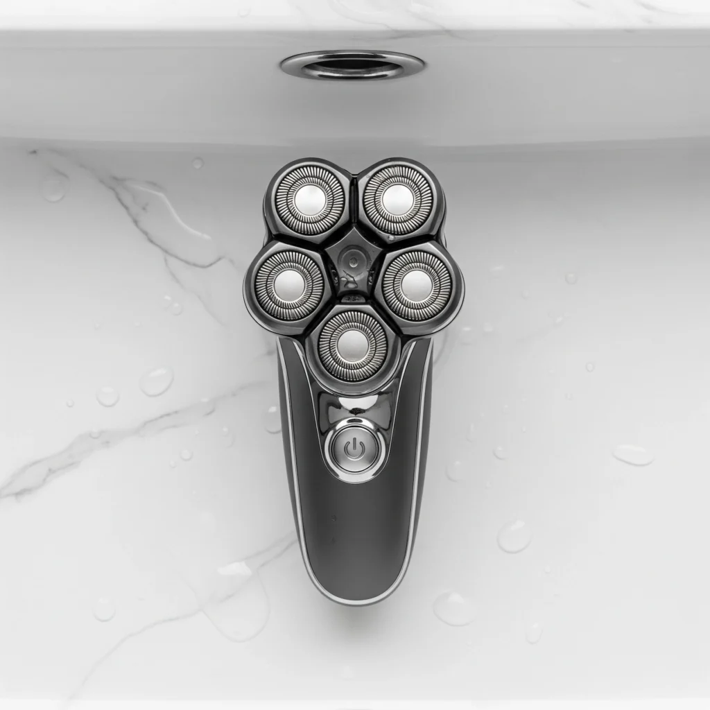 Top view of rotary head shaver with five blades