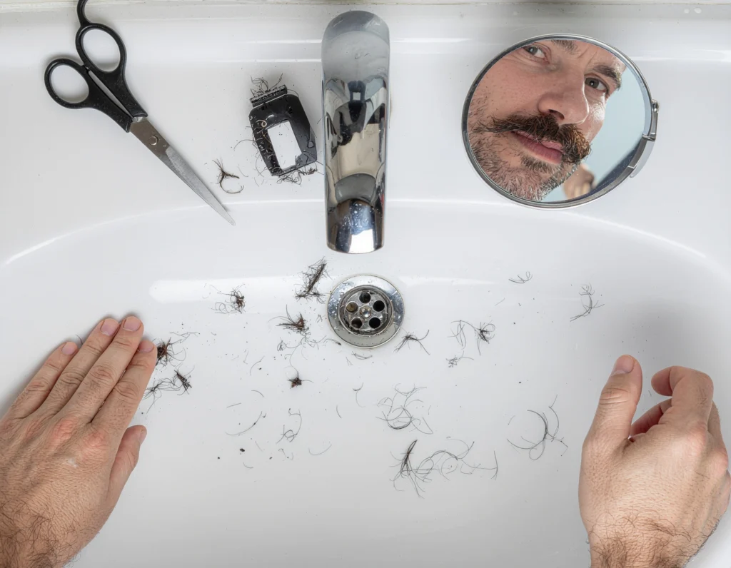 a close-up reflection of an uneven moustache