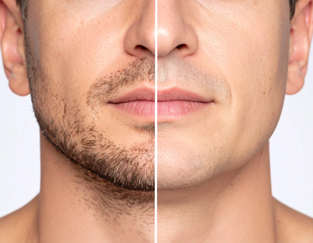 Before and after comparison showing proper shaving results