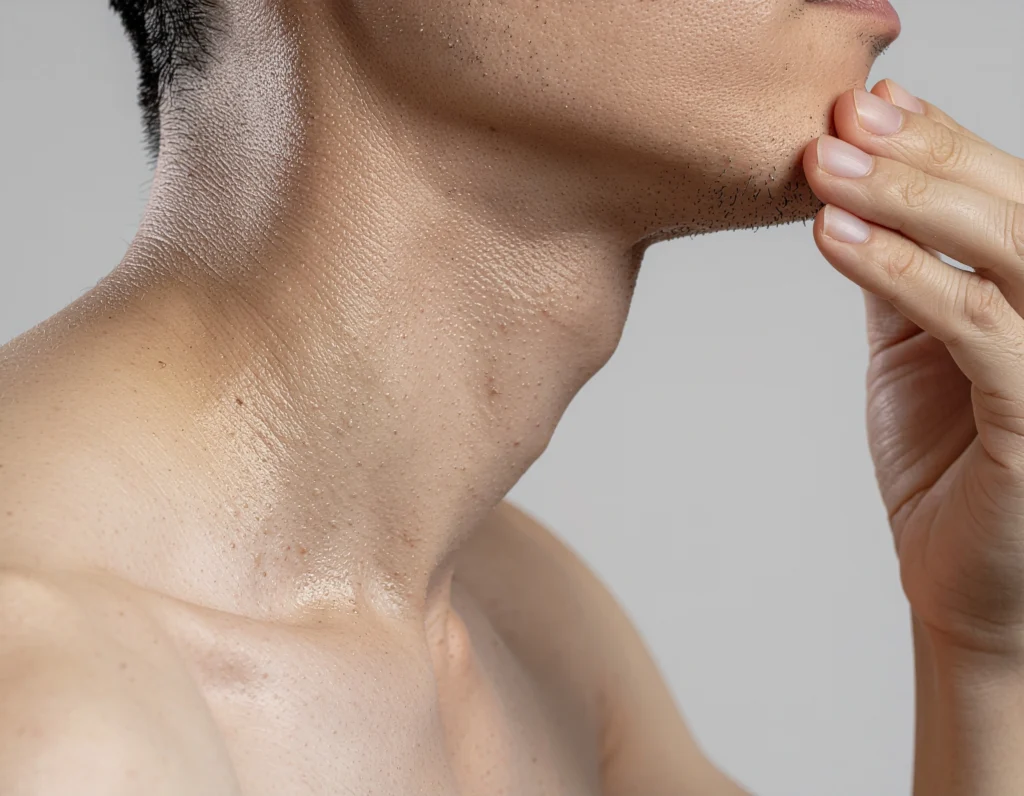 Hands applying pre-shave oil along the neckline and under-chin, focusing on even coverage and gentle massage.