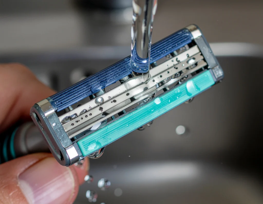 close—up of a razor being rinsed under running tap water, with clear water droplets and a shiny, clean blade