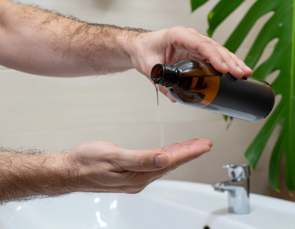 Man pouring clear gel from dark brown bottle into hand in bathroom