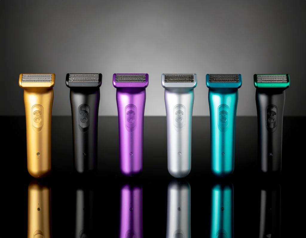 Product lineup of electric razors and trimmers displayed neatly, clear lighting highlighting their design and features