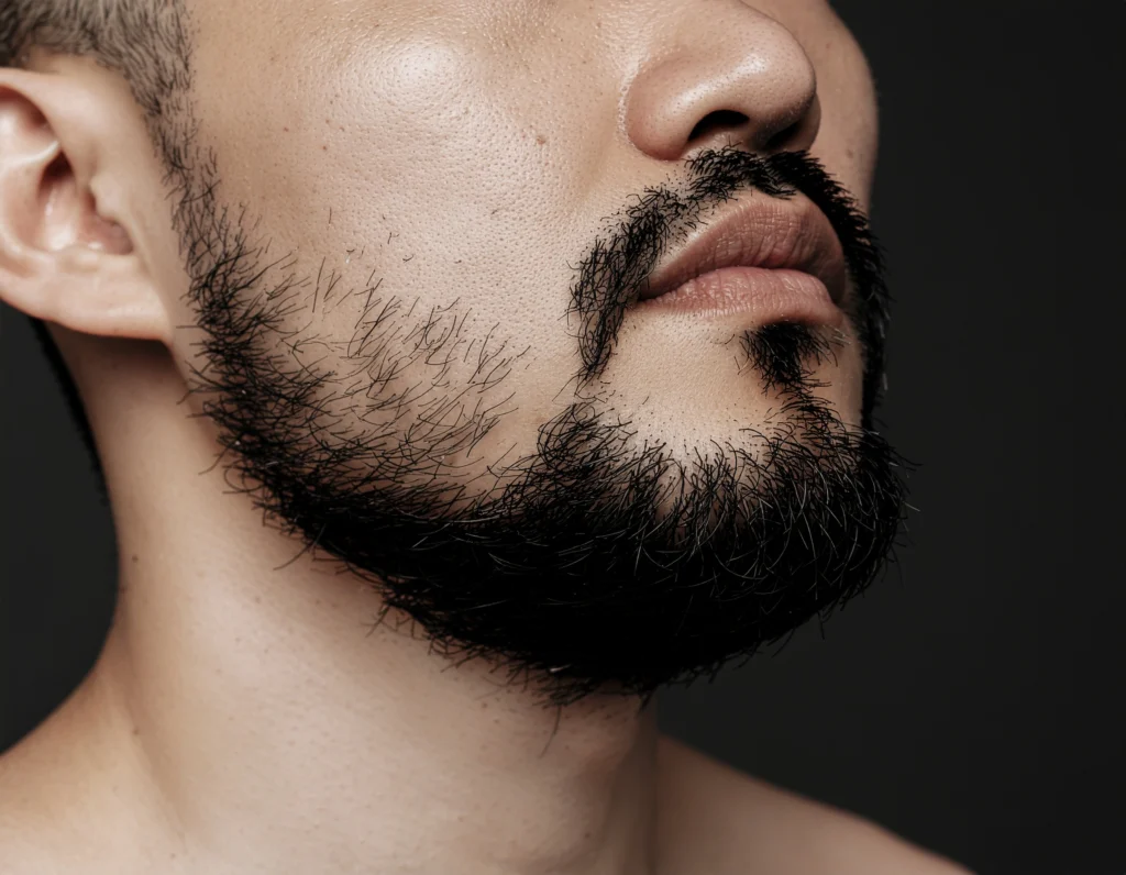 Close-up of a man's chin and neck, showing a clean neckline after shaving