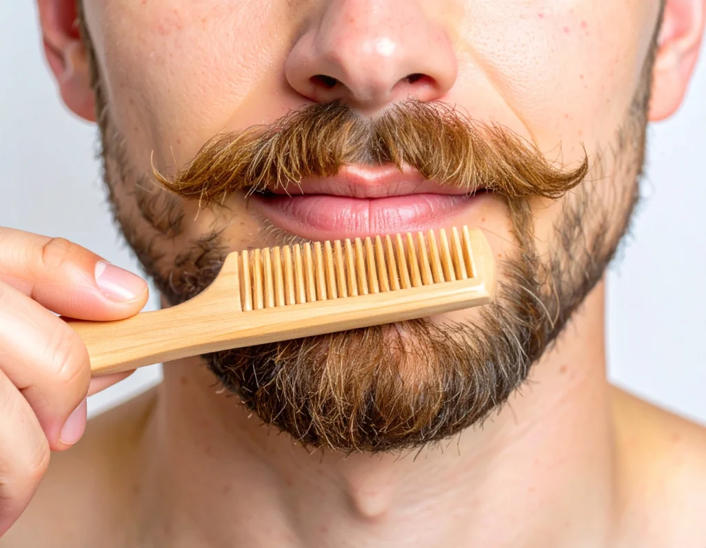 a man combing his moustache preparing for trimming