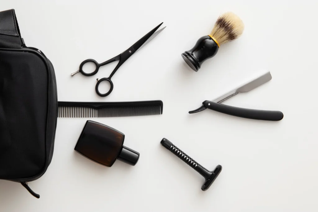top view male self care setting still life